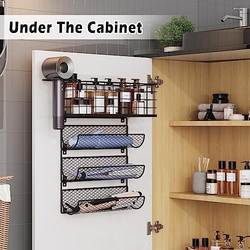 Wall-Mounted Hair Dryer Holder Styling Tool Organizer 4-Shelf Storage Wire Basket with Hook Heat Safe Rack for Hair-Straighteners,Curling Wands,Flat Iron,Perfume,Cabinet Door Bathroom Kitchen - Image 2
