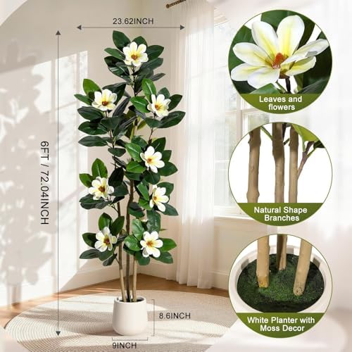 6 Inch Artificial Magnolia Tree with Pot, Faux Flower Tree with White Magnolia Blooms and Green Leaves, Potted Artificial Plant for Living Room, Bedroom, Office, Entryway, Store, Home Dector - Image 3