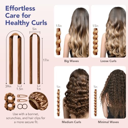 LitBear Heatless Curls Overnight, 2 Sizes of Soft Hair Rollers for Women with Bonnet to Sleep in, No Heat Hair Curlers Set with Scrunchies and Clips, for Long and Medium Hair (Brown) - Image 3