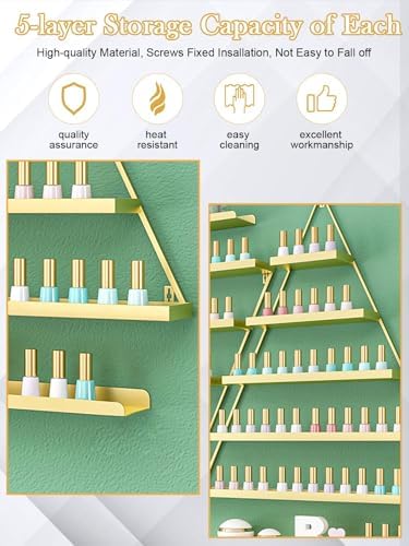 EBANKU 6PCS Nail Polish Racks 5 Tiers Nail Polish Shelf for Wall Triangular Display Rack Cosmetic Display Cases Lipstick Perfume Wall Shelf Essential Oil Organizers for Home Spa Nail Salon Shop(Gold) - Image 5