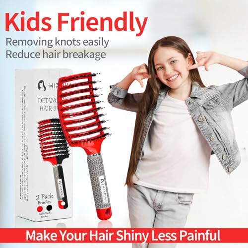 HIPPIH Boar Bristle Hair Brush Set of 2, Detangling Smoothing for Wet & Dry - Image 4