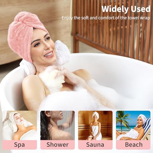 Women's Bath Towel Wrap with Hair Towel, Adjustable Soft Microfiber – Pink - Image 5
