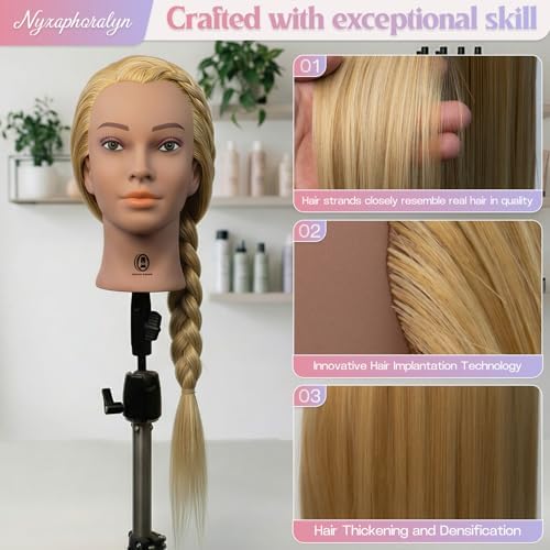 Mannequin Head 24-25inch, Synthetic Fiber Hair Mannequin Head, Beauty And Hairdressing Model Practice Head, with Clip-on Stand Set (Gold) - Image 4