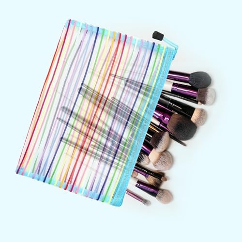 Mesh Bags with Zipper (6 Pack), Nylon Makeup Bag Cosmetic Pouches Travel Organizer Case for Purse Diaper Bag Home Organizing Striped Multi Size Blue - Image 5