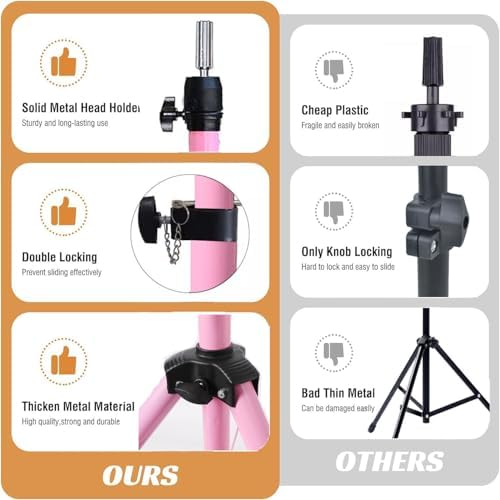 Heavy Duty Head Stand, Reinforced Mannequin Head Stand Tripod, Pink Wig Stand Tripod,Wig Stand for Styling, Adjustable Holder For Wig Making Display (55 inch with pedal) - Image 4