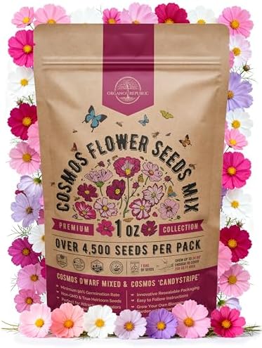 Cosmos Flower Seeds Pack 1 oz - 4,500 Non-GMO Heirloom Annual Seeds for Planting Indoor & Outdoor Gardening, Flower Seed for Garden in Resealable Packet, Floral Mix for Pollinators Perennial Mix by OrganoRepublic