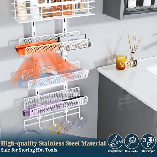 Consumest 6-Tier Hair Tool Organizer - Hair Dryer Holder Over The Door/Wall Mounted DIY Adjustable Shelf Bathroom Door Organizer with Hook for Curling Iron/Blow Dryer/Straightener White - Image 7