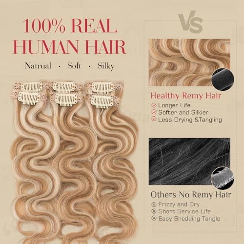 Rich Choices Clip In Hair Extension Real Human Hair-Wave/Curly 6 Pcs Single Clip Hairs Extension for Women-Invisible Mini Clips in Hairpieces-14 Inch #6P613R Light Brown Highlight Bleach Blonde - Image 4