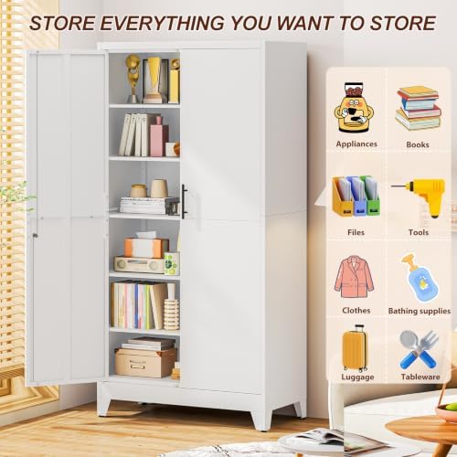 79" White Metal Storage Cabinet with 2 Doors and 5 Adjustable Shelves,Steel Garage Tool Cabinet, File Cabinet,Kitchen Pantry Cabinet for Home,Office,Garage,School,Warehouse - Image 6