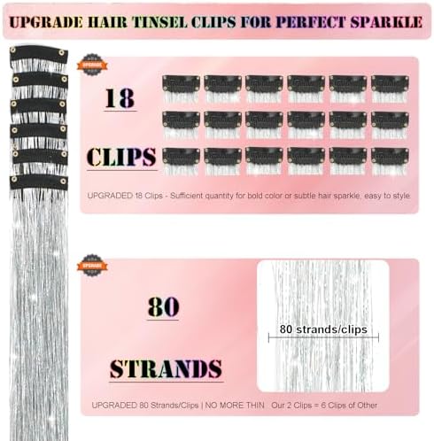 Hair Tinsel Kit 18 Pcs Hair Tinsel Clip in Fuller Sparkle, Heat Resistant Clip in Glitter Tinsel Hair Extensions Fairy Silver Hair Accessories for Women Girls Daily Party Festival (Silver) - Image 3