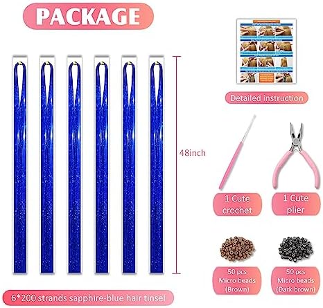 Sapphire Blue Hair Tinsel Kit 48 Inches 1200 Strands with Tools and Instruction Easy to Install Fairy Glitter Tinsel Hair Extensions for Women and Girls，Shinny Sparkling Braiding Hair Accessories - Image 3