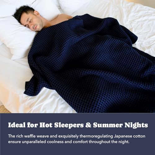 Luxury Organic Japanese Cotton Waffle Towelket Throw Blanket Bedspread for All Sleepers | Soft, Breathable and Thermoregulating (Ocean Blue, 67''x91'') - Image 4