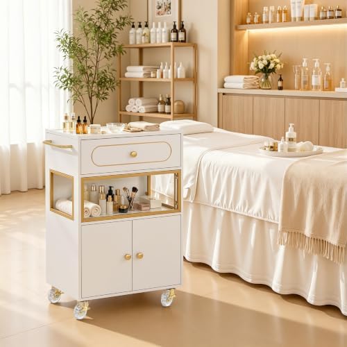 BarberPub Salon Trolley Cart with Drawer & Lockable Wheels 2077(White) - Image 2