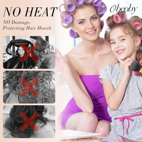 obeoby 4 Sizes Hair Rollers Curler Set with Clips for Women, Pink Purple - Image 5