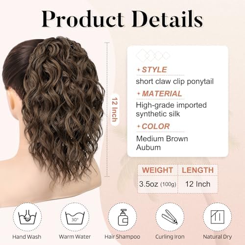 FLUFYMOOZ Ponytail Extension, 12" Short Claw Ponytail Extension Wavy Curly Jaw Clip in Pony tails Hair Extension Natural Synthetic Hairpiece for Women (Medium Brown Auburn) - Image 3