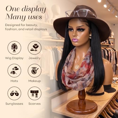 Realistic Female Mannequin Head with Shoulders – Lifelike Cosmetology Manikin Display Bust for Wigs, Jewelry, Necklaces, Hats, Sunglasses, Scarves & Makeup Practice. (Brown Pink Lip) - Image 4