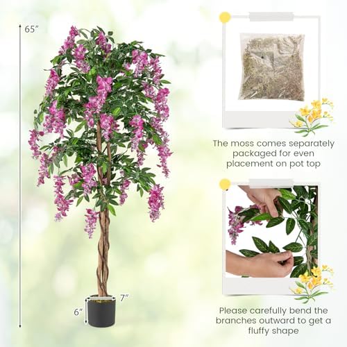 Goplus 5.5FT Ficus Artificial Tree, 2 Pack Faux Wisteria Tree in Nursery Pot with Blooming Flowers, Fake Potted Tree Greenery Floor Plant for Indoor Home Office Porch Living Room Decor - Image 7