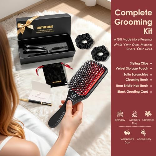 Boar Bristle Hair Brush for Women, Wooden Smoothing Detangler Gift Set - Image 3