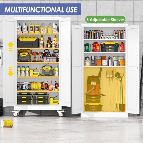 73.6" Metal Garage Storage Cabinet with Wheels and Locking Doors - Image 4