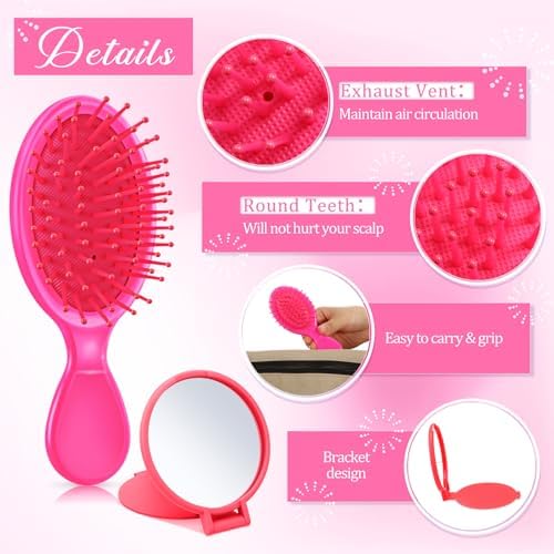 Meanplan 24 Pcs Mini Hair Brush Set 12 Travel Wet Dry Hair Combs Pocket Detangling 12 Compact Folding Makeup Mirror for Spa Sleepover Birthday Bridal Shower Bachelorette Christmas Party Gift(Rose Red) - Image 3
