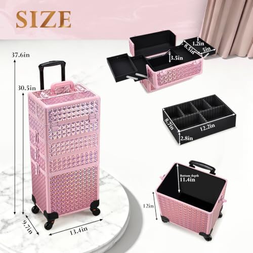 Rolling Makeup Case 4 IN 1 Cosmetology Case on Wheels Salon Case Nail Cart - Image 6