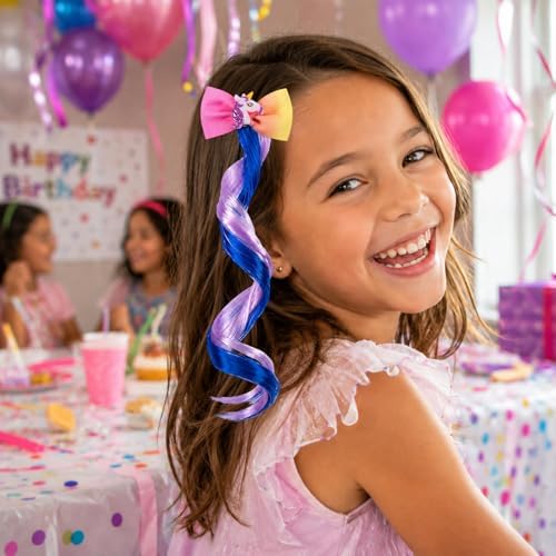 Ideal Swan 6 Set Hair Extensions Clip - Colored Straight Curly Hair Extensions for Kids Ponytails Girls, Rainbow Thick Wig Clip in Fake Bangs with Cute Unicorn Accessories (Curly Hair 02) - Image 7