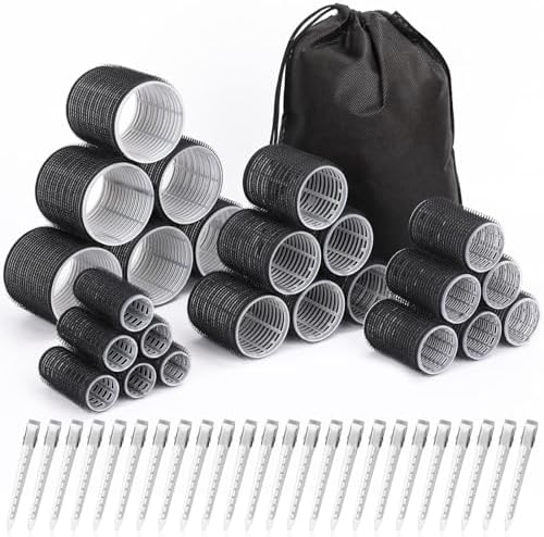 Hair Curlers Set with 24 Rollers (6 Jumbo, 6 Large, 6 Medium, 6 Small) and 24 Clips for All Hair Lengths (Black) by shynek