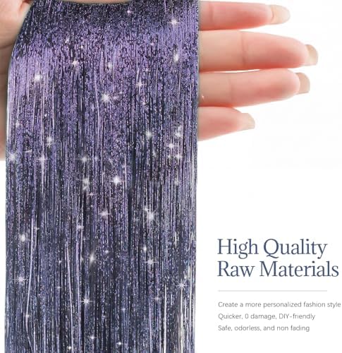 Hair Tinsel 8 Packs 1600 Strands 50 Inch Tinsel Hair Extensions Heat Resistant Glitter Sparkling Shiny Fairy Hair Accessories for Women(Dark gray, 50Inch) - Image 3