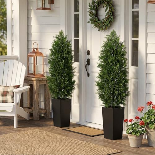 Aveyas 5ft Artificial Cedar Topiary Trees, 5 ft Faux Potted Plants Evergreen Fake Pine Cypress Tree for Outdoor Porch Home Outside Door Decor (5 Feet Tall Including Raised Pot) - Set of 2 Pack - Image 5