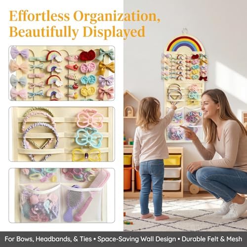 Rainbow Kids Hair Accessory Organizer Wall Hanging, Multi-Compartment Hanging Storage Bag for Hair Clips, Hair Ties, Headbands, Hair Bows,Space Saving Organizer for Girls Bedroom, Nursery - Image 6