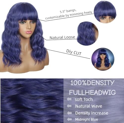 Sebast Pastel Bob Wigs with Bangs for Women Loose Wavy Wig Pastel Wavy Shoulder Length Bob Synthetic Cosplay Wig for Girl Colorful Costume Wigs (Midnight Blue) - Image 3
