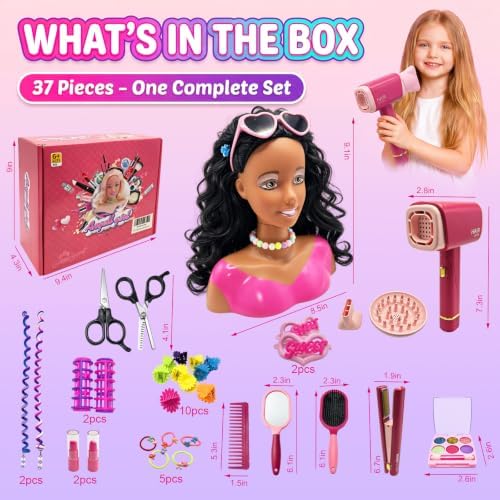 36Pcs Doll Head for Hair Styling Kids, Hair Salon Toy with Realistic Dryer, Straightener, Pretend Makeup Kit & Accessories, Birthday Gifts for Girls 3-8 - Image 4