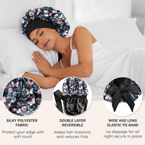 Satin Hair Braid Bonnet for Sleeping Double Layer Elastic Wide Soft Tie Band Hair Silk Lined Sleep Cap Women Girls - Image 3