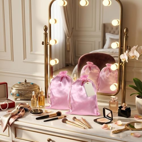 JIEYAO 6 Pieces Wig Bags with Satin Drawstring, Pink Silk Wig Storage Bags Storage for Wigs Extension Bundle(Pink) - Image 7