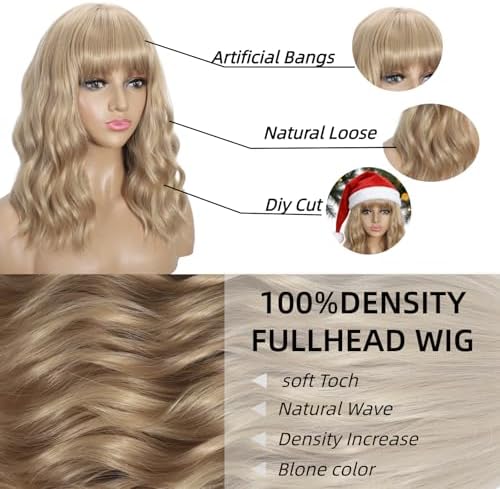 Sebast Pastel Bob Wigs with Bangs for Women Loose Wavy Wig Pastel Wavy Shoulder Length Bob Synthetic Cosplay Wig for Girl Colorful Costume Wigs (Blonde) - Image 3
