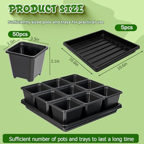 3.5in 50Pcs Black Square Nursery Pots with 5Pcs Plastic Seed Starting Trays - Image 2