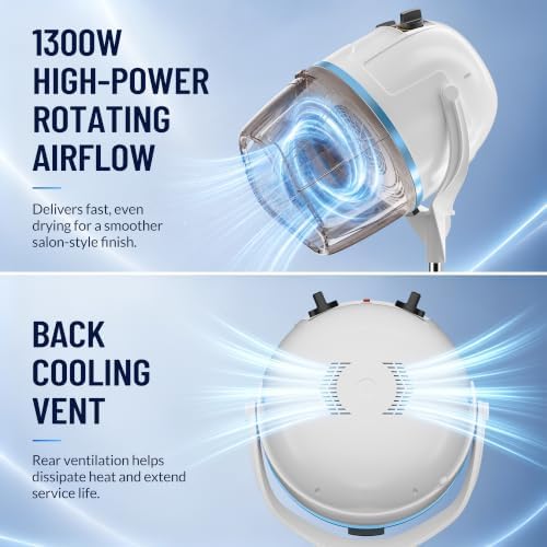 Hair Dryer, Professional Adjustable Hooded Floor Hair Bonnet Dryer Stand Up Hair Dryers with Rolling Base for Home Salon Spa Beauty Equipment, White - Image 6
