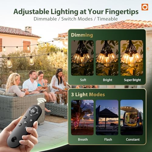 addlon 102FT(96+6) Solar String Lights Outdoor with Remote, 48 LED Dimmable - Image 5