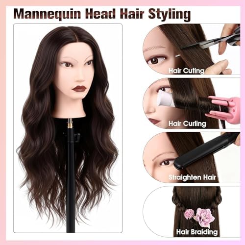 80% Real Hair Mannequin Head 26''Chestnut Brown Salon Mannequin Human Hair - Image 4