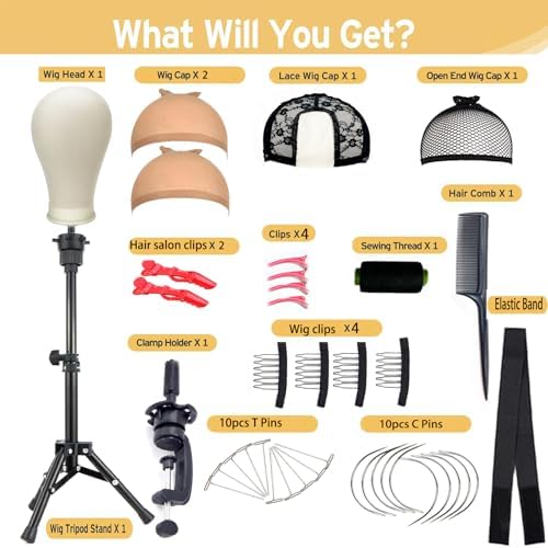 Wig Stand Tripod with Heads, Canvas Block Head Mannequin Head Stand Wigs Display Styling Head With Mount Hole for Wigs Making Display with Wig Caps, T Pins C Pins Set Bristle Brush - Image 3