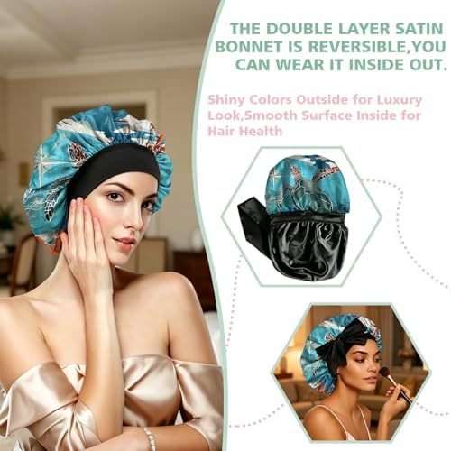 Satin Hair Braid Bonnet for Sleeping Double Layer Tie Band Elastic Wide Soft Silk Lined Nightcap Women Girls Cute - Image 6
