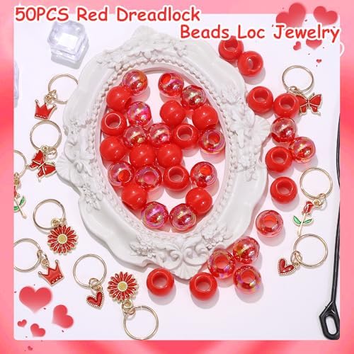 NAISKA 50PCS Red Hair Jewelry for Braids Cute Hair Beads Flower Heart Hair Charms for Girls 7 Styles Dreadlock Jewelry Loc Beads Valentine's Day Hair Accessories for Kids Girls - Image 5