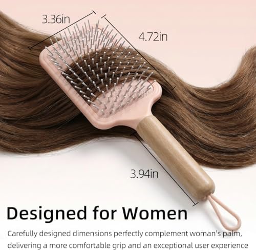 Paddle Detangling Hair Brushes for Women, Detangler Brush for Thick, Curly, Long, Wet & Dry Hair, Hairbrush with Solid Wood Handle & Cushion Base (Pink) - Image 4