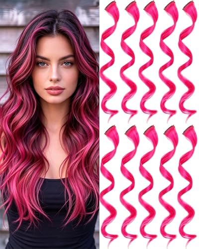 10 Pcs Hot Pink Hair Extensions, Clip-in Curly Hair Accessories Gift, 17 In by Olldag