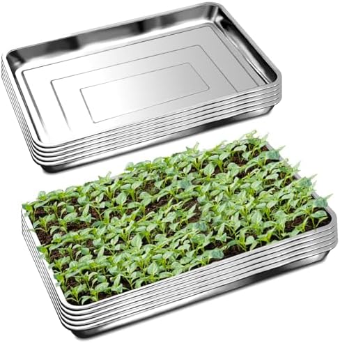 RooTrimmer 10 Pack Large Stainless Steel Seedling Trays, Heavy Duty Metal Water Catch Trays for Nursery Pots Transplant, Seed Germination & Propagation Flats (17.5 inch×13.56 inch, 1.18" Height) by RooTrimmer