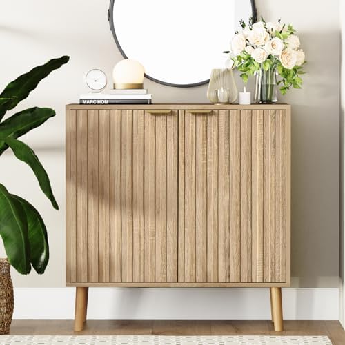 Vrullu Fluted Storage Cabinet, Freestanding Buffet Cabinet with Adjustable Shelf, Wood Sideboard, Multifunctional Accent Storage for Living Room, Hallway, Entryway, Dining Room (4, Oak) - Image 5