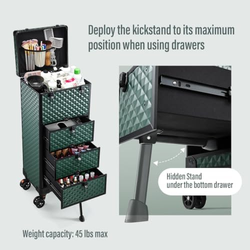 Yueieoun Nail Trolley Cart with 3 Drawers, Salon Station Cosmetology Case on Wheels Rolling Makeup Train Case Nail Case Organizer Beauty Salon Travel Case for Nailart,SPA,Hairstylist,Artist,Dark Green - Image 5