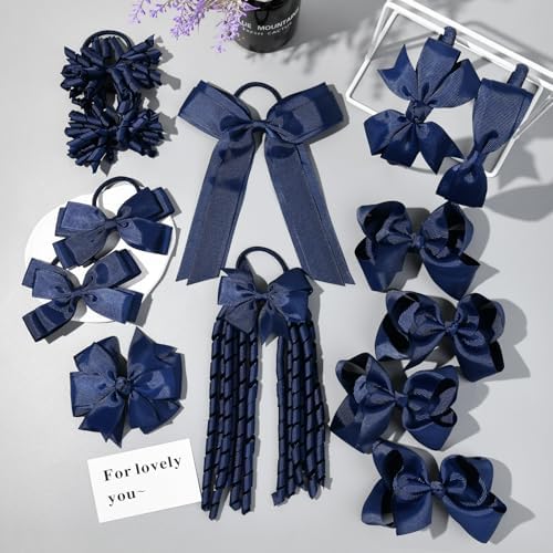 DEEKA Navy Blue School Hair Accessories Set 13 Pcs Uniform Hair Bow Headband Clips Hair Ties Curly Korker Bows for Little Toddler School Girls (Navy) - Image 5