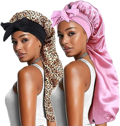 2pcs Long Satin Bonnets with Tie Band, Large Braid Bonnet Silky Hair Cap for Locs Women Sleeping, G by Heniho