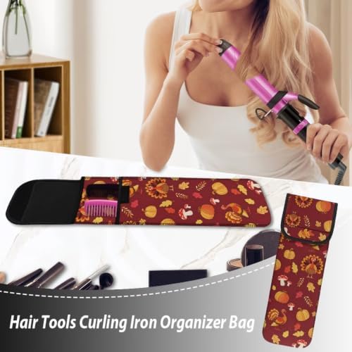 Brown Thanksgiving Turkey Flat Iron Case Heat Resistant Neoprene Curling Iron Cover Bag with Pocket Curling Iron Organizers and Storage for Flat Iron, Straightener, Curling Wand/Curling Iron - Image 5